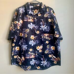Black Floral Hawaiian button down short sleeve shirt size 2XL EUC